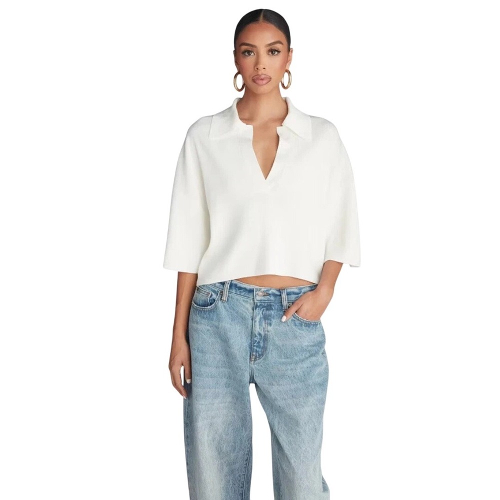 KBB by Kahlana Women's White Cropped Knit Polo Sweater Size XS